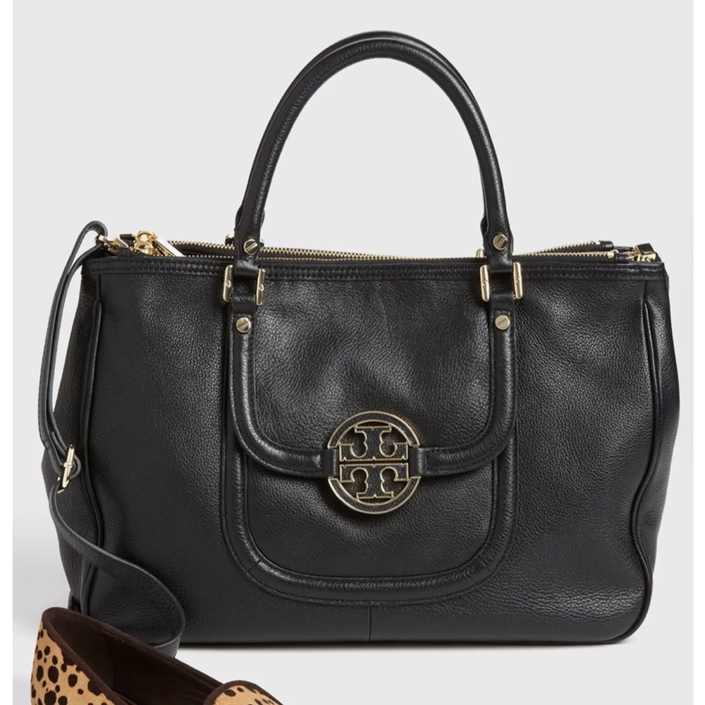 Tory Burch Amanda Black Double Zip Leather Tote with Long Strap and Wallet